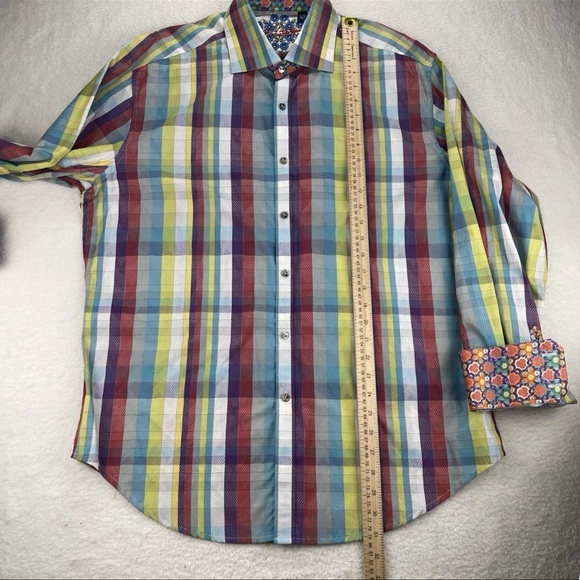 Robert Graham Shirt Mens XL Floral Orange Gingham Multicolored Flip Cuff Button - Picture 6 of 12